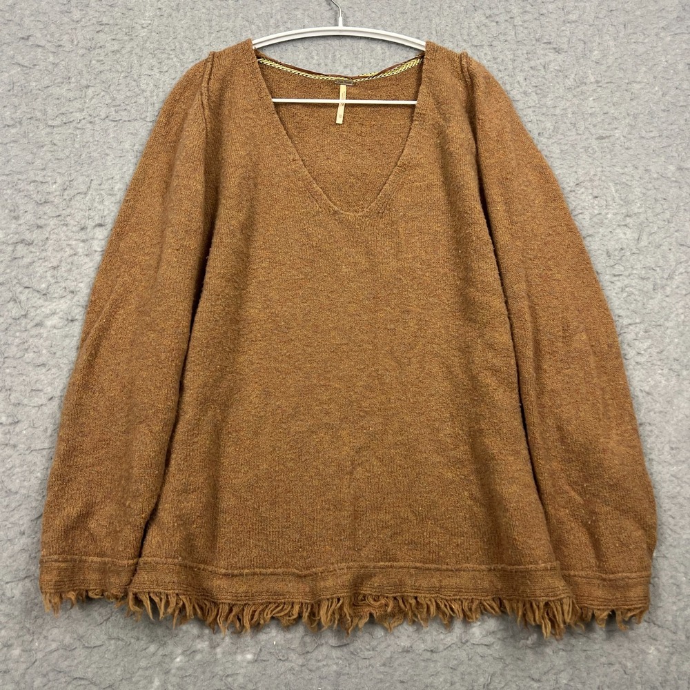 Free People Irresistible V‎ Sweater Women's XS Brown Wool V-Neck Oversize Fringe